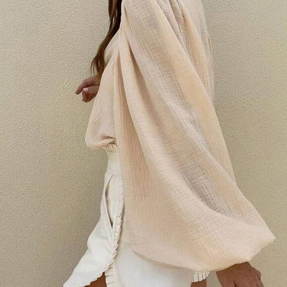 Apricot Casual Women's Lantern Sleeve Loose Shirt - Picture 2 of 4